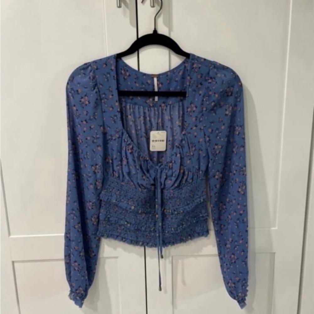 NEW Free People Blue Floral Smocked Blouse